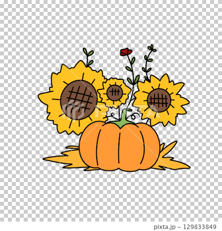 A drawing of a pumpkin with a sunflower and a rose on top 129833849