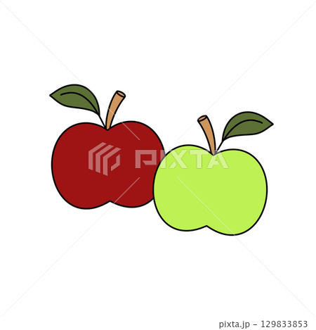 Two apples, one red and one green, are shown with their stems and leaves Two apples, one red and one green, are shown with their stems and leaves 129833853