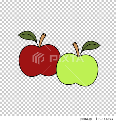 Two apples, one red and one green, are shown with their stems and leaves Two apples, one red and one green, are shown with their stems and leaves 129833853