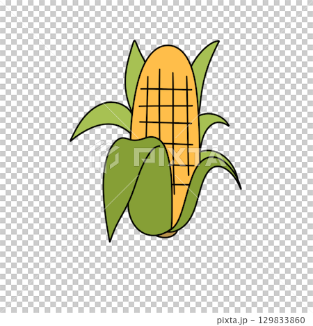 A cartoon drawing of a corn cob with a green leaf on top 129833860