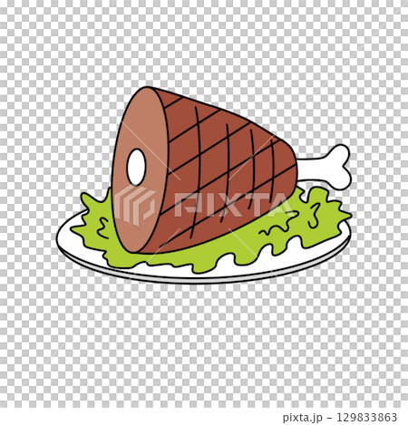 A cartoon ham hock is on a plate with lettuce A cartoon ham hock is on a plate with lettuce 129833863