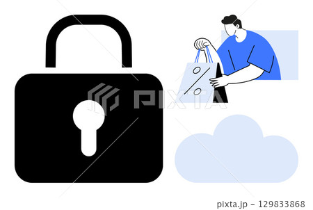 Man holding bags with discount signs, large padlock symbol, and cloud image in background. Ideal for online shopping, e-commerce security, data protection, retail sales, discounts, cloud services 129833868