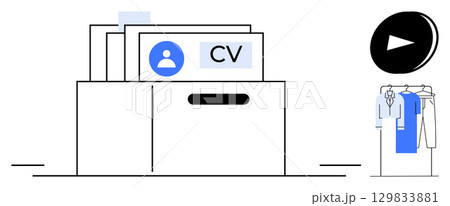 Stack of CVs in drawer with avatar icon, large play button, and clothing rack with shirts. Ideal for job applications, recruitment, resumes, HR, professional attire, career development digital 129833881