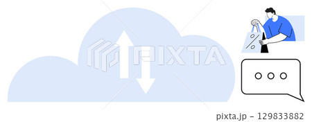 Cloud with data transfer arrows, a person shopping online with a smartphone, and a messaging icon. Ideal for cloud computing, data management, e-commerce, digital communication, technology, online 129833882
