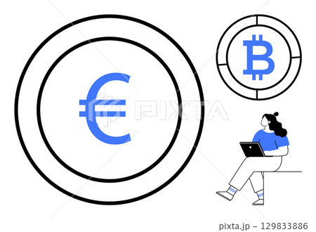Euro and Bitcoin symbols within circles, woman with laptop sitting on a ledge. Ideal for cryptocurrency, finance, investment, blockchain, trading platforms, financial education, digital currencies 129833886