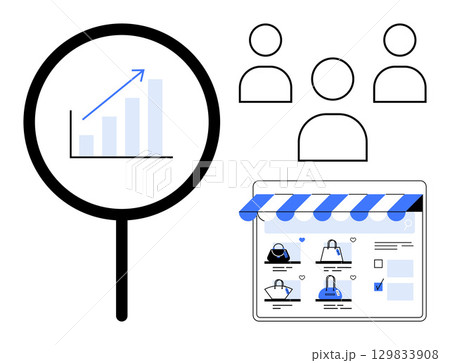 Magnifying glass highlighting upward graph, user icons, and e-commerce website interface. Ideal for e-commerce, business growth, market research, data analysis, online marketing, user engagement 129833908