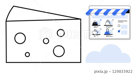 Cheese slice with holes adjacent to a digital store interface showing products under a blue awning. Ideal for online shopping, retail, e-commerce, food industry, marketing, web design, digital 129833922