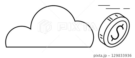 Cloud outline with a flying coin featuring a dollar sign symbol, representing cost-effectiveness, cloud computing, and fintech. Ideal for financial services, cloud solutions, technology integration 129833936