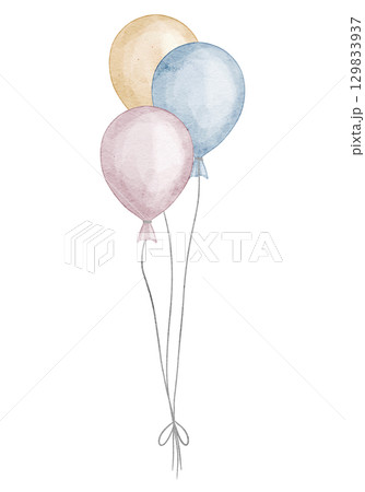Bunch with watercolor balloons in pink, blue, and yellow pastel colors for Birthday party greeting cards or Baby shower invitations. Art for celebration design. Helium elements for kids decorations. 129833937