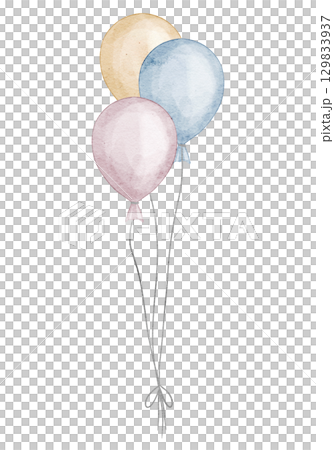 Bunch with watercolor balloons in pink, blue, and yellow pastel colors for Birthday party greeting cards or Baby shower invitations. Art for celebration design. Helium elements for kids decorations. 129833937