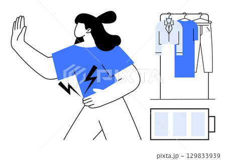Woman holding her stomach, showing fatigue with a stop gesture, clothes hanging on a rack, battery with low charge. Ideal for wellness, mental health, work-life balance, stress management, energy Woman holding her stomach, showing fatigue with a stop gesture, clothes hanging on a rack, battery with low charge. Ideal for wellness, mental health, work-life balance, stress management, energy 129833939