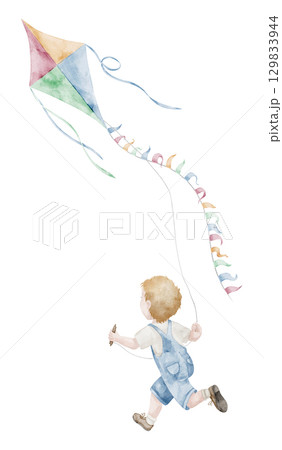 Boy running with a kite in the wind. Watercolor illustration of cute child with flying Toy in pastel colors for Baby party greeting cards or Birthday invitations. Isolated art for kids design. 129833944