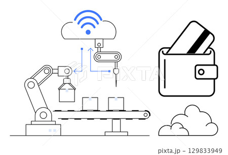 Robotic arm handling production line connected to the cloud using IoT technology, with a wallet holding credit cards. Ideal for technology, finance, industry 4.0, automation, e-commerce, IoT 129833949