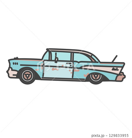 50年代のアメリカ車・クラシックカーのイラスト　経年劣化して錆びたビンテージカー 129833955