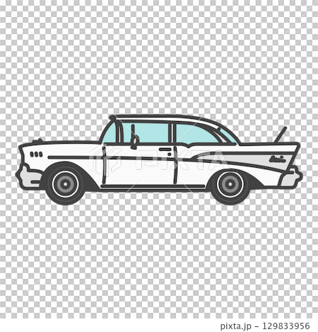 20 世紀 50 年代美國經典汽車插畫：正品、全新、閃亮的古董車 129833956