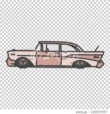20 世紀 50 年代美國經典汽車插畫：一輛生鏽的美國老爺車 129833957