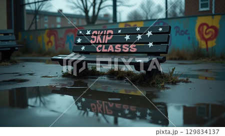 Rebel Schoolyard with Graffiti Reflections in Rain Puddles and Tipped Bench 129834137