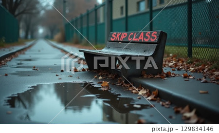 Rebel Schoolyard with Graffiti Reflections in Rain Puddles and Tipped Bench Rebel Schoolyard with Graffiti Reflections in Rain Puddles and Tipped Bench 129834146