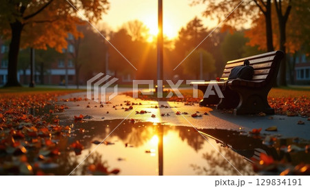 Sunset Schoolyard Puddle Reflection with Autumn Leaves and Forgotten Backpack 129834191