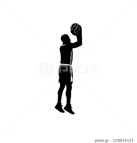 silhouette of a basketball player taking a jump shot isolated on white background silhouette of a basketball player taking a jump shot isolated on white background 129834325