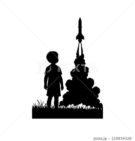 silhouette of a boy watching a rocket launch isolated on white background 129834326