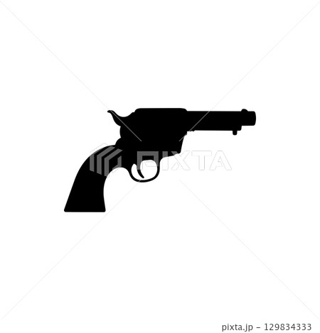 silhouette of a classic revolver gun pointing right isolated on white background 129834333