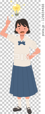 young asian schoolgirl in thai uniform raising finger with light bulb above head shows idea and inspiration for learning creativity and education concept 129834488