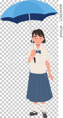 a young thai schoolgirl holding an umbrella in uniform showing daily student life during the rainy season 129834499