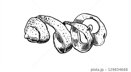 Whole spiral lemon peel vector illustration. Hand drawn outline citrus zest in twist shape line art. Monochrome aromatic fruit ingredient for beverage, bar menu, healthy food, cookbook design 129834688
