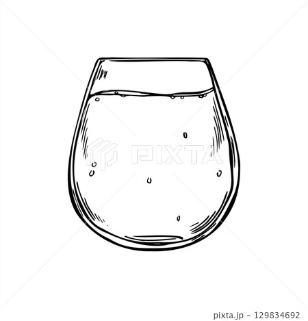 Full glass with refreshing carbonated drink monochrome vector isolated illustration in linear outline style. Mineral water with bubbles etching drawing. Sparkling tonic for menu, hydration design 129834692