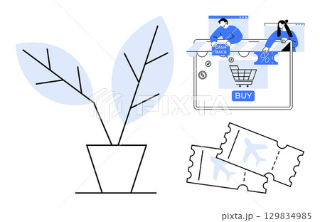 Potted plant with leaves, people engaged in online shopping and cash back, airplane tickets. Ideal for digital marketing, e-commerce, travel, sustainability, eco-friendly tech, financial savings Potted plant with leaves, people engaged in online shopping and cash back, airplane tickets. Ideal for digital marketing, e-commerce, travel, sustainability, eco-friendly tech, financial savings 129834985