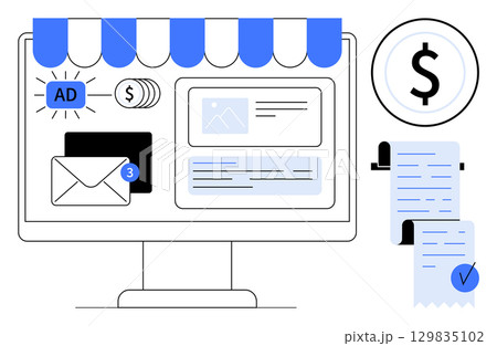 A computer screen under a storefront canopy displaying an email notification, an ad icon, and payment receipt. Ideal for e-commerce, digital marketing, online shopping, financial transactions, email 129835102