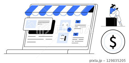 Laptop screen displaying online store interface with shopping elements and large currency icon. User browsing products. Ideal for e-commerce, online shopping, digital marketing, retail, sales, web Laptop screen displaying online store interface with shopping elements and large currency icon. User browsing products. Ideal for e-commerce, online shopping, digital marketing, retail, sales, web 129835205
