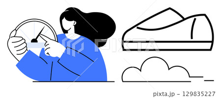 Woman pointing at a meter gauge, accompanied by a floating sneaker and a cloud. Ideal for themes of speed, goals, motivation, ambition, energy, determination, and progress. Line metaphor 129835227