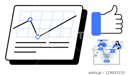 Graph with upward trend, thumbs up icon, online shopping elements with digital interface. Ideal for business growth, marketing strategy, e-commerce, customer satisfaction, data analysis, financial 129835233