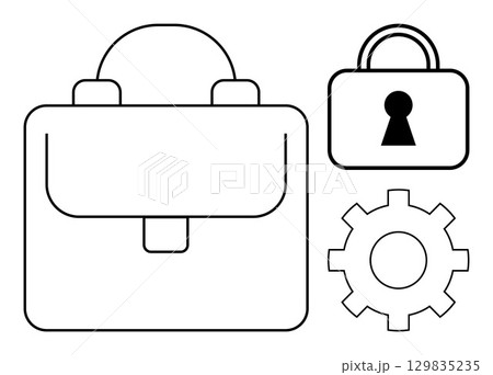 Business briefcase, security lock, and gear icon represent professional tools, security measures, and operational efficiency. Ideal for business strategies, security protocols, productivity guides Business briefcase, security lock, and gear icon represent professional tools, security measures, and operational efficiency. Ideal for business strategies, security protocols, productivity guides 129835235