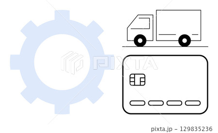 Gear cog, delivery truck, and credit card representing elements of an efficient e-commerce system. Ideal for logistics, online payments, supply chain, business automation, finance, digital 129835236