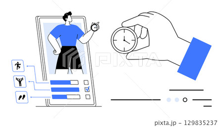 Man on smartphone screen pointing at icons representing different exercises, timers, and progress bars while a hand holds a clock. Ideal for fitness apps, health tracking, time management, personal 129835237