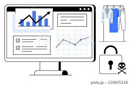 Business data analysis on computer screen including charts, graphs, and checklists. Clothing rack, lock with crossbones. Ideal for business, data analysis, e-commerce, cybersecurity technology Business data analysis on computer screen including charts, graphs, and checklists. Clothing rack, lock with crossbones. Ideal for business, data analysis, e-commerce, cybersecurity technology 129835238