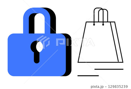 Blue padlock symbolizing security and black outline of shopping bag. Ideal for e-commerce, online shopping, cybersecurity, safe transactions, internet privacy, retail, and digital protection 129835239