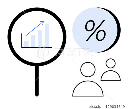 Magnifying glass focusing on growth bar chart with upward arrow, large percentage symbol, and two people icons. Ideal for financial data analysis, business insights, statistical evaluation, economic Magnifying glass focusing on growth bar chart with upward arrow, large percentage symbol, and two people icons. Ideal for financial data analysis, business insights, statistical evaluation, economic 129835249