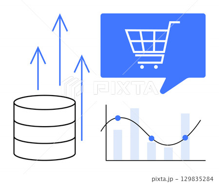 Database icon, upward arrows, shopping cart in speech bubble, and graph with bars and line. Ideal for e-commerce, data analytics, business growth, market trends, financial analysis, online shopping Database icon, upward arrows, shopping cart in speech bubble, and graph with bars and line. Ideal for e-commerce, data analytics, business growth, market trends, financial analysis, online shopping 129835284