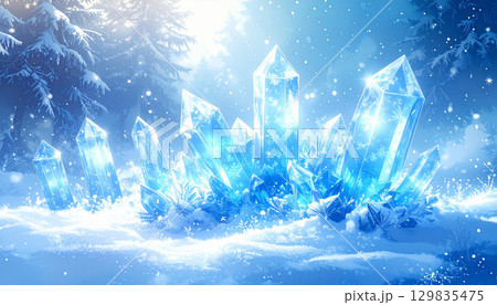 雪の森に現れた神秘的な青いクリスタル 129835475