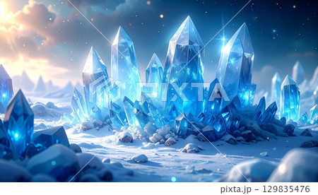 雪原に輝く幻想的な青いクリスタル群 129835476