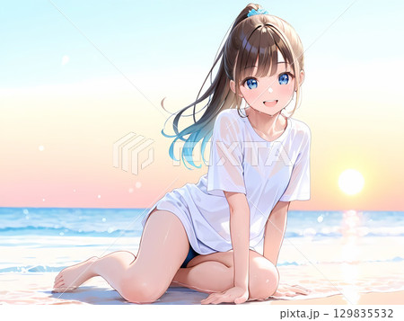 真夏の海辺とスクール水着の女子 129835532