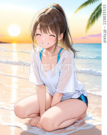 真夏の海辺とスクール水着の女子 129835533