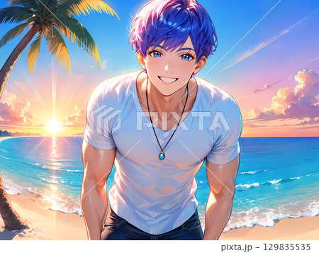 真夏の海辺と男の子 129835535