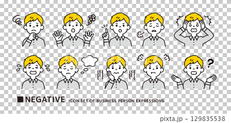 ワイシャツを着た若い男性の、ネガティブな表情・ポーズのアイコンセット＿ベクター 129835538