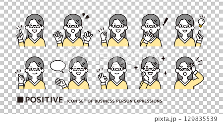 Icon set of positive facial expressions and poses of a young woman wearing glasses_Vector 129835539