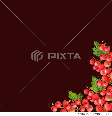 Watercolor frame of red berries current with green leaves. Perfect for designing food and cosmetics packaging,greeting cards Watercolor frame of red berries current with green leaves. Perfect for designing food and cosmetics packaging,greeting cards 129835573